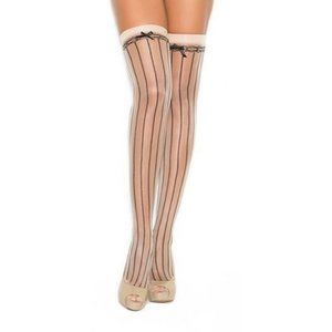 ONE Size  -  Black and Nude Pin striped thigh hi with satin bow
